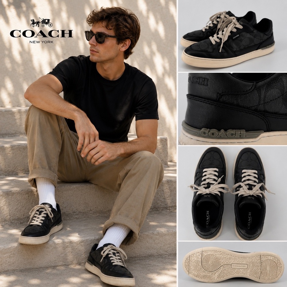 Coach Clip Low Top Sneakers Black Signature Monogram Leather Mens 8D C8965